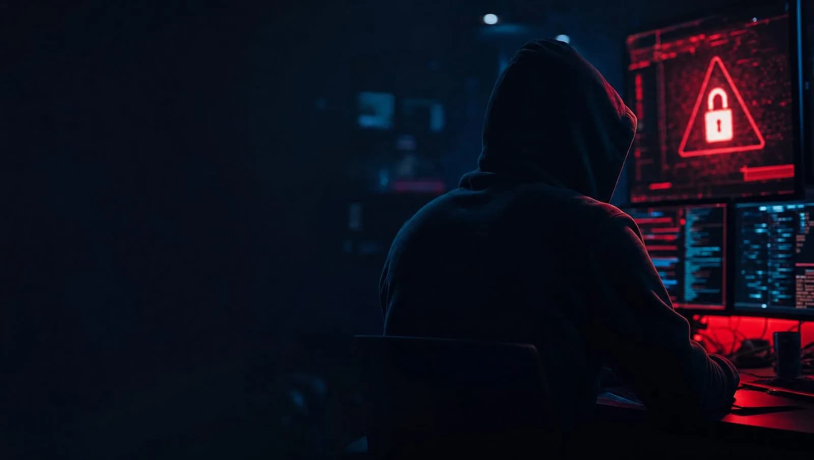 Hacker im Kapuzenpullover vor Bildschirmen mit roter Warnmeldung – Titelbild Praxisworkshop Cyberangriff